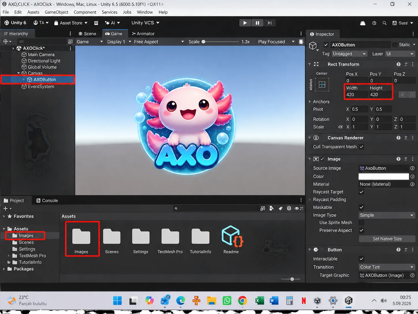 AXO CLICK Unity development screen